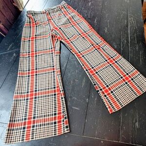 Free People Womens Red Black Brown Plaid Flair Pants Sz 12 Hippie 70s Retro Prep